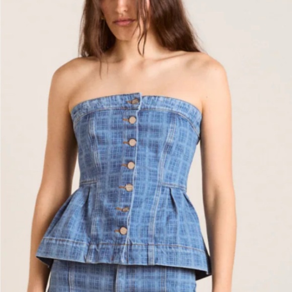 Damsom Madder EloiseBlue Strapless peplum Denim Top NWT Size 6 - Picture 2 of 9